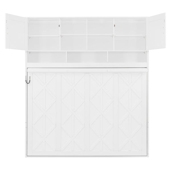English Elm Queen Size Elegant Wall-Mounted Murphy Bed With Stylish Storage & Diamond Stripe Design, White N820S00062K-GIGA