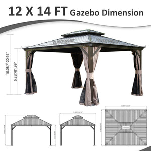 English Elm 12' X 14' Hardtop Gazebo with Drainage, Dual-Layer Galvanized Roof, Curtains & Mesh, Brown - Durable Outdoor Shelter for Patio and Garden (UV, Mosquito-Proof) W1859S00140