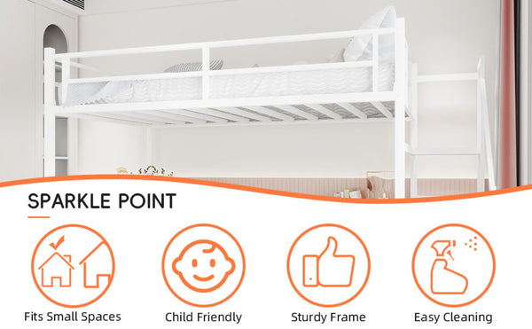 English Elm Loft Bed with L-shaped Desk Stair Storage and Full Guardrail Iron Frame White W1935S00008