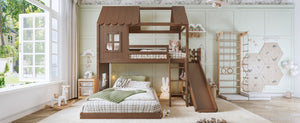 English Elm Twin Over Full Playhouse Bunk Bed with Slide Ladder Storage Shelves and Wardrobe Antique Natural W5305S00041