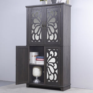 English Elm 67.4"h Mirrored Corner Cabinet Carved Butterfly Doors Adjustable Shelves Entryway Storage Dark Brown W2899P374347