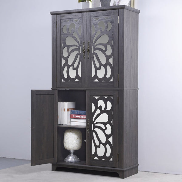 English Elm 67.4"h Mirrored Corner Cabinet Carved Butterfly Doors Adjustable Shelves Entryway Storage Dark Brown W2899P374347