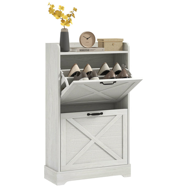 English Elm Homcom Slim Shoe Cabinet - Farmhouse Hidden Storage With 2 Flip Drawers & Adjustable Shelves For 8 Pairs W2225P229149