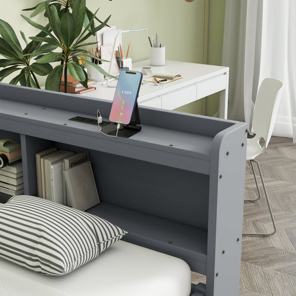 English Elm Full Size L-Shaped Bed With Bookcases, Usb Ports & Drawers - Space-Saving Grey Bedroom Solution W504S00245
