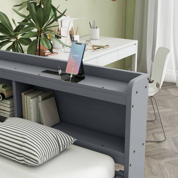 English Elm Full Platform Bed with L-shaped Bookcase Built-in Power Outlets and Storage Drawers Grey W504S00339