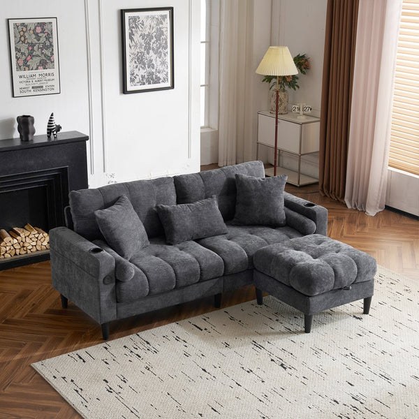 English Elm 3 Seat L Shaped chenille Sofa with Removable Storage Ottoman, USB-C & USB Ports, Cup Holders, Cozy Comfort Antique Dark Grey W2606P265175