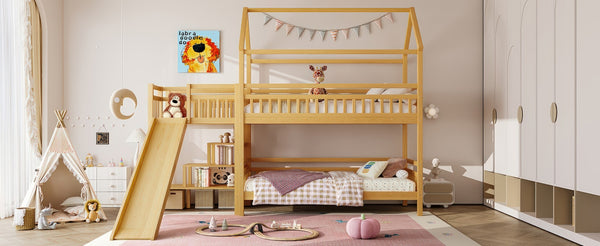 English Elm Full Bunk Bed with Trundle Bookshelf Storage Pine Frame Car Design for Kids W1580S00301