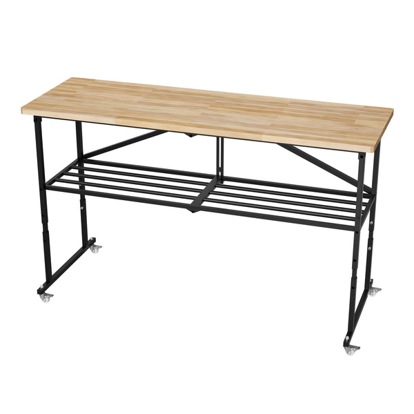 English Elm SmartFold Heavy-Duty Butcher-Block Workbench 2000LB Capacity Wood Top Portable Table w/ Locking Casters, Adjustable Height & Quick-Collapse Steel Frame W1422P325006