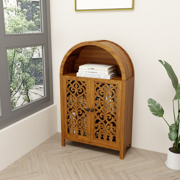 English Elm Hand-carved Solid Wood Tall Narrow Cabinet with Floral Arched Doors and Open Shelving W3123P485765