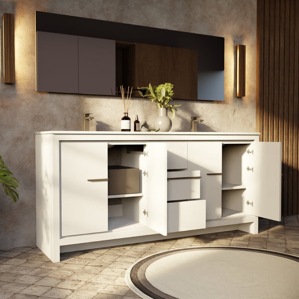 English Elm White Double Bath Vanity With White Quartz Top, Gun Metal Faucet, And Ample Storage Space, 72" Wide B2731P259521-GIGA
