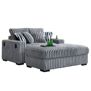 English Elm 61.42Inch Square Arm Loveseat With Ottoman Upholstered Velvet, Bluetooth Speaker, Wireless Charger, USB Ports, Cup Holder, Cozy Channeling Design LIGHT GREY W579S00020