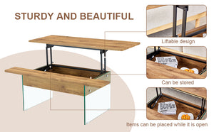 English Elm Multifunctional Lift Top Coffee Table with Tempered Glass Legs, Ergonomic Storage and Durable MDF Finish Natural Wood,Transparent W2920P226073