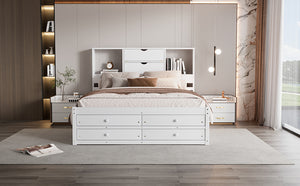 English Elm Queen Platform Bed with Built-In Headboard Storage and 8 Drawers, Solid Wood MDF, Sturdy Design White GX000453AAK