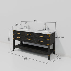 English Elm Black Oak Double Bath Vanity With Carrara Marble Top & Faucet Set - Elegant Storage Solution For Bathrooms B2731P261036