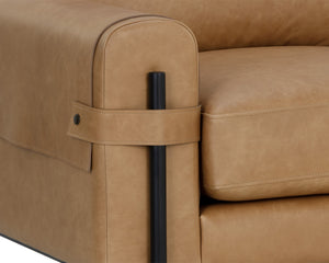 Sunpan Camus Armchair - Luxurious Ludlow Sesame Leather with Playful Strap Detailing and Black Iron Legs