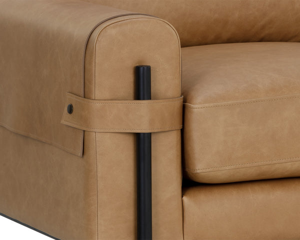 Sunpan Camus Armchair - Luxurious Ludlow Sesame Leather with Playful Strap Detailing and Black Iron Legs