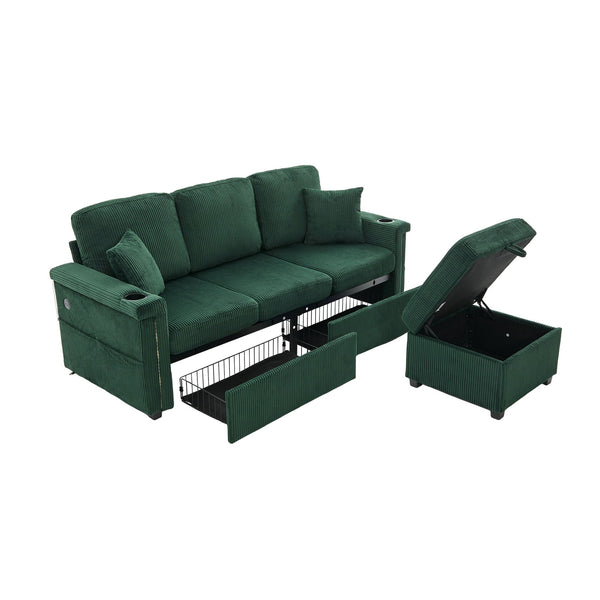 English Elm UNITED Corduroy L-Shaped Sectional Sofa with Storage Ottoman, USB Ports, Cup Holders & LED Lighting Emerald W1568P332404