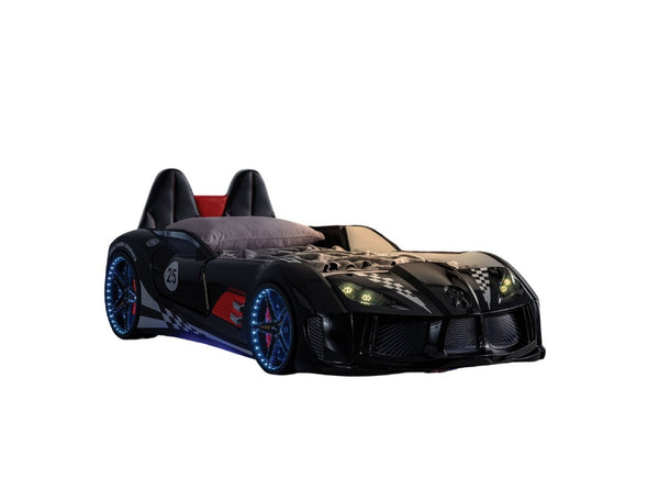 English Elm Modern Race Car Twin Bed with Led Lights Magnetic Doors and Leatherette Upholstery Black B2741S00910