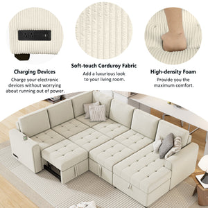 English Elm 107.5" U-shaped Sofa Sectional with Storage Chaise, Pull-Out Bed, USB Charging, Corduroy Comfort Beige N719S001570A