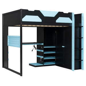 English Elm Full Size Loft Bed with Rgb Lighting Usb Charging Desk Wardrobe and Storage Shelves Blue LT000387AAC