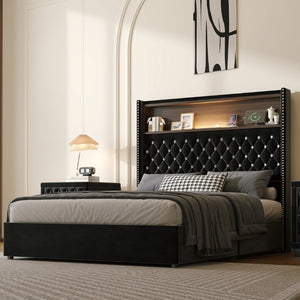 English Elm Full Velvet Wingback Platform Bed Tufted Headboard Shelf Usb Port Rivet Trim N733P368653B