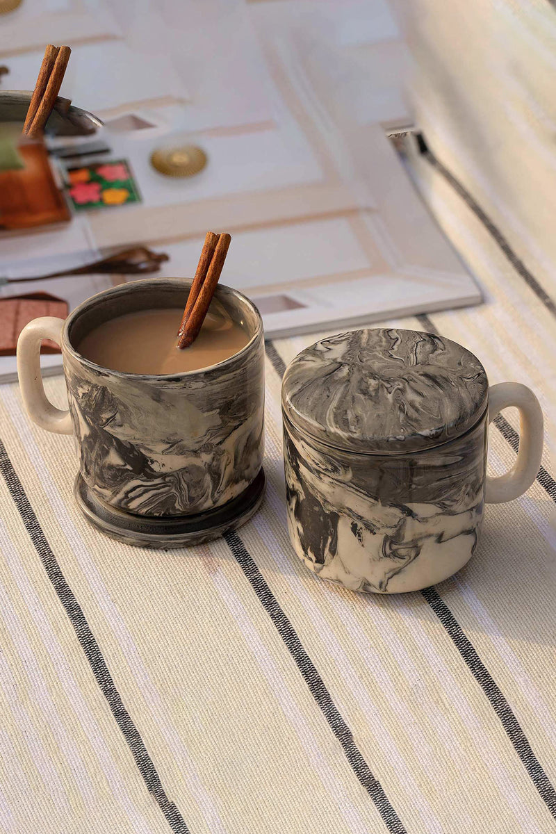 English Elm 5 5 OZ Ceramic Black Carbon Coffee Mug Set of 2 with Lids, Charcoal Marbled Texture, 150ml Stylish Drinkware for Tea & Coffee Rituals B346P327337