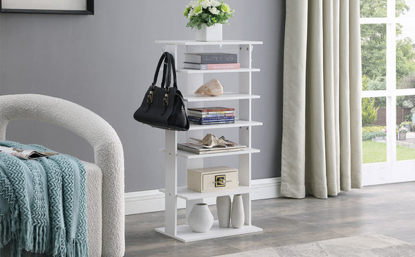 English Elm Vertical 7-Tier Shoe Rack with Hooks — Space-Saving White Organizer for Entryway, Closet, Garage W3151P345978