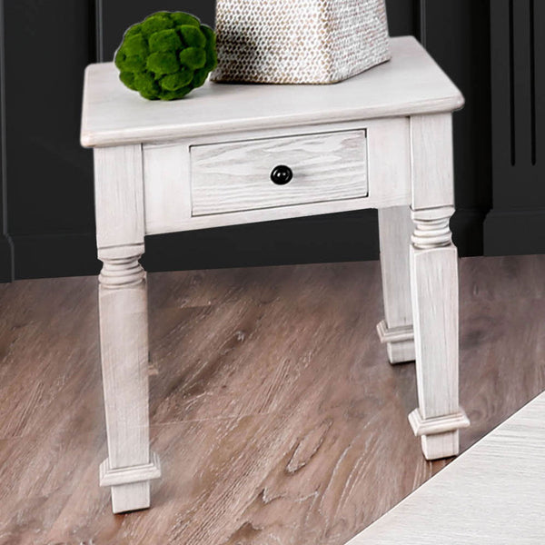 English Elm Transitional Bold Round End Table with I-Shaped Legs and Lower Shelf for Stylish Storage and Decor Antique White 29 L x 29 W x 9 H B2741P357493