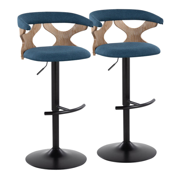 English Elm Gardenia Adjustable Swivel Barstool with Padded Fabric Seat, Whitewashed Wood & Black Metal Base (Set of 2) Blue B202S00858