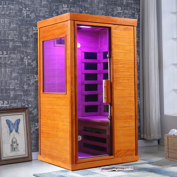 English Elm Infrared Dry Sauna with Okoume Wood Chromotherapy Lighting and Carbon Fiber Heat Panels W3973S00006