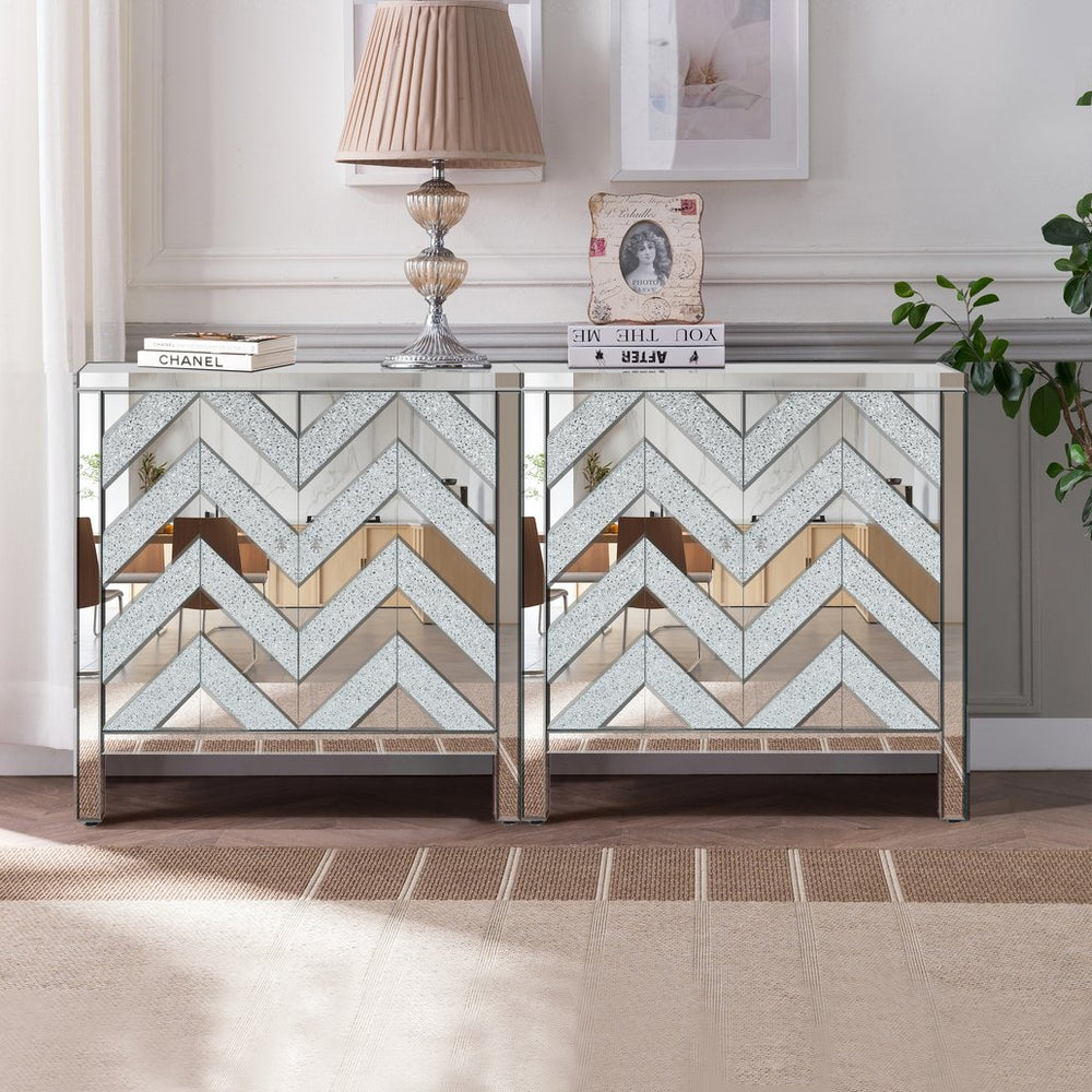 English Elm Storage Cabinet Mirror Trim Diamond Gem Door Accent Glam Bling Entryway Living Room Decor 36x16x20 Silver+Grey W1445103594