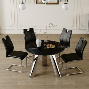 English Elm Table 5-Piece Dining Set: Contemporary Round Sintered Stone Top With 4 Stylish Black Chairs & Legs W2920S00017-GIGA