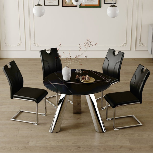 English Elm Table 5-Piece Dining Set: Contemporary Round Sintered Stone Top With 4 Stylish Black Chairs & Legs W2920S00017-GIGA