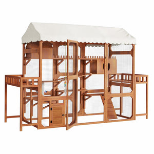 English Elm Large Pine Wood Catio Outdoor Cat Enclosure with Wire Mesh and Dual Plant Stands Brown N704G201617P