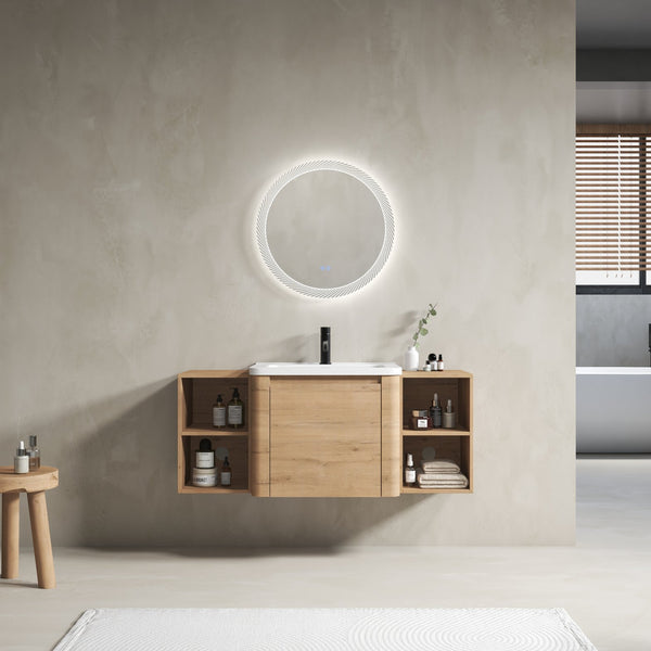 English Elm 48'' Wall-Mounted Bathroom Vanity With Soft-Close Door, White Sink, Storage Shelves & Plywood Design W999S00430