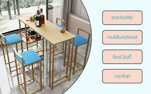 English Elm Bar Table and Four Cushioned Chairs Gold Iron Frame with Built-in Shelf Coastal Style W3064P245382