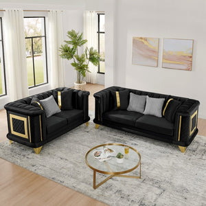 English Elm 2pcs Italian Velvet Tufted Sofa Set with Gold Steel Trim for Formal Living Room W1191S00055