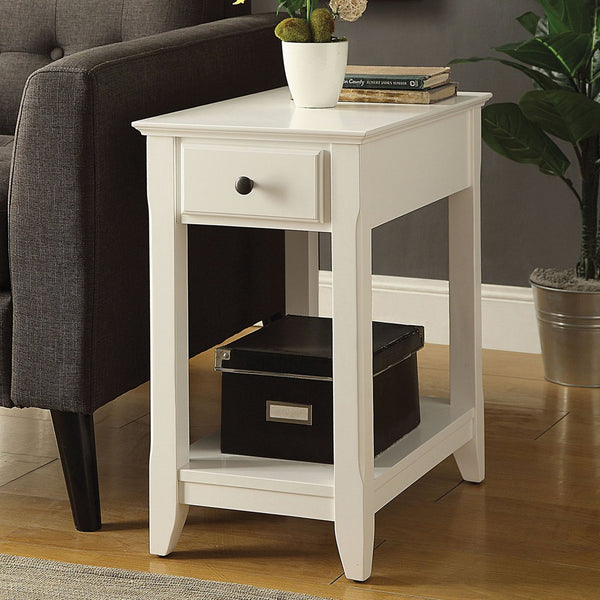 English Elm Wooden Transitional Rectangular Side Table with Slim Footprint, Open Shelf and Single Smooth Drawer White B016P310244