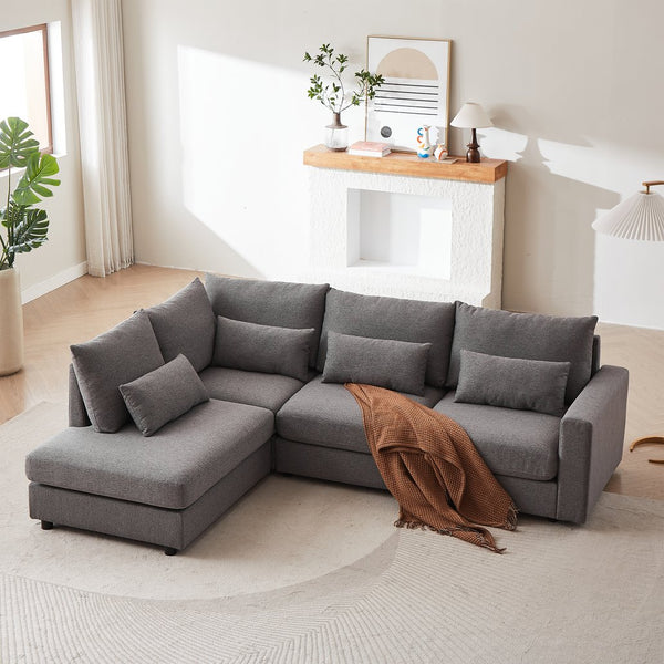 English Elm MH100.2" Sofa Convertible L-Shaped Linen Sectional with Movable Ottoman 5 Cushions 4 Lumbar Pillows Grey W1193S00139