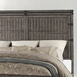 English Elm Storehouse King Bed Hardwood Frame with Iron Rivets and Smoked Grey Plank Headboard B108S00050