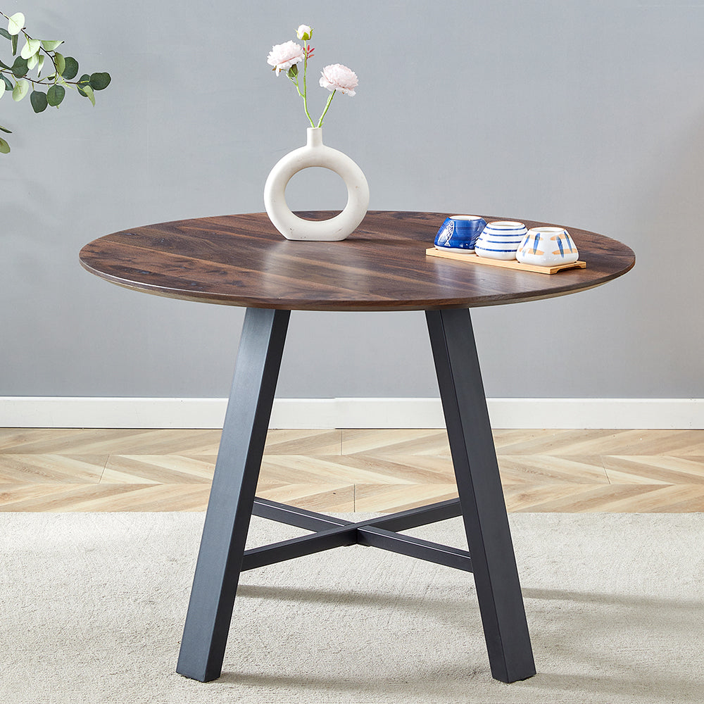 English Elm Modern 42" Round Dining & Coffee Table with Dark Wood MDF Top, Black Cross Metal Legs, Sturdy 29.5" W1151P230575