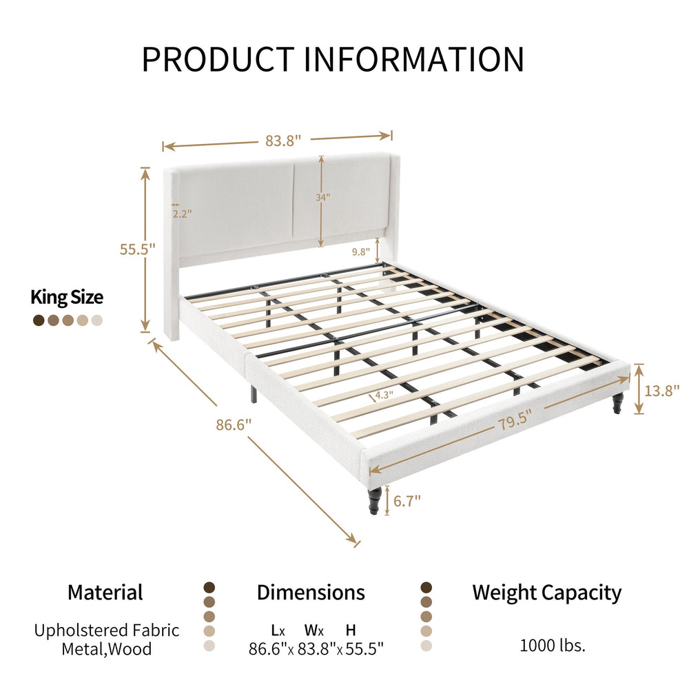 English Elm King Upholstered Bed Frame with Tall Bouclé Headboard, Solid Wood Feet, 12-Slat Support, 1000lb Capacity White 81.3 L x 31.5 W x 8.27 H W1716P335678