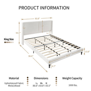 English Elm King Upholstered Bed Frame with Tall Bouclé Headboard, Solid Wood Feet, 12-Slat Support, 1000lb Capacity White 81.3 L x 31.5 W x 8.27 H W1716P335678