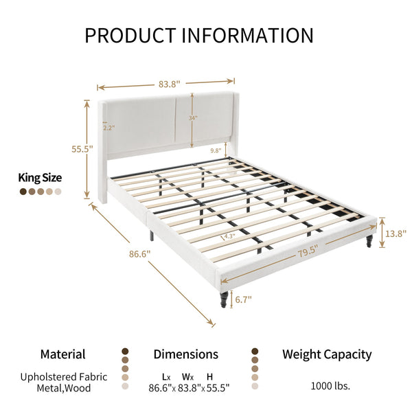 English Elm King Upholstered Bed Frame with Tall Bouclé Headboard, Solid Wood Feet, 12-Slat Support, 1000lb Capacity White 81.3 L x 31.5 W x 8.27 H W1716P335678