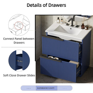 English Elm Christopher Knight Home® - 30" Freestanding Bathroom Vanity With Ceramic Sink, Soft-Close Drawers & Elegant Fluted Design In Blue N817P288915B