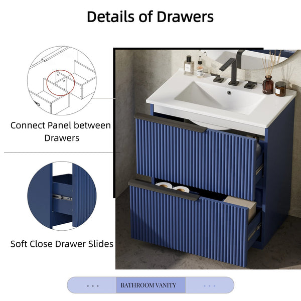 English Elm Christopher Knight Home® - 30" Freestanding Bathroom Vanity With Ceramic Sink, Soft-Close Drawers & Elegant Fluted Design In Blue N817P288915B