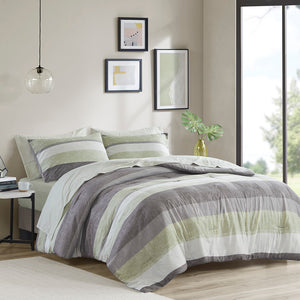 JLA Home Madison Park Essentials - Stripe Comforter Set with Sheets — Soft Striped Design, OEKO‑TEX Antimicrobial Comforter, Fits 14" Mattress Green/Grey MPE10-1068