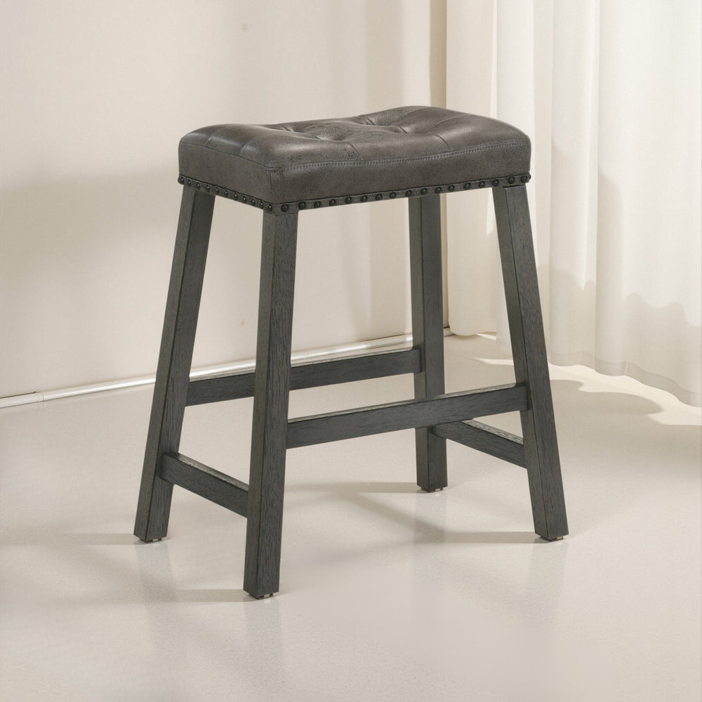 English Elm Set of 2 Rustic Counter Stools with Cushioned Faux Leather Seats, Solid Wood Build, Space-Saving 25" Antique Grey W2537P299000