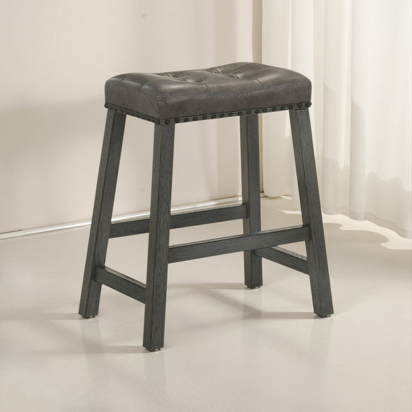 English Elm Set of 2 Rustic Counter Stools with Cushioned Faux Leather Seats, Solid Wood Build, Space-Saving 25" Antique Grey W2537P299000