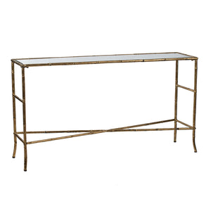 English Elm 56.5x14x30" Antique Gold Console Table with Mirrored Top — Chic Glossy Finish, Sleek Silhouette, Luxurious Foyer Statement Piece W2078P370592